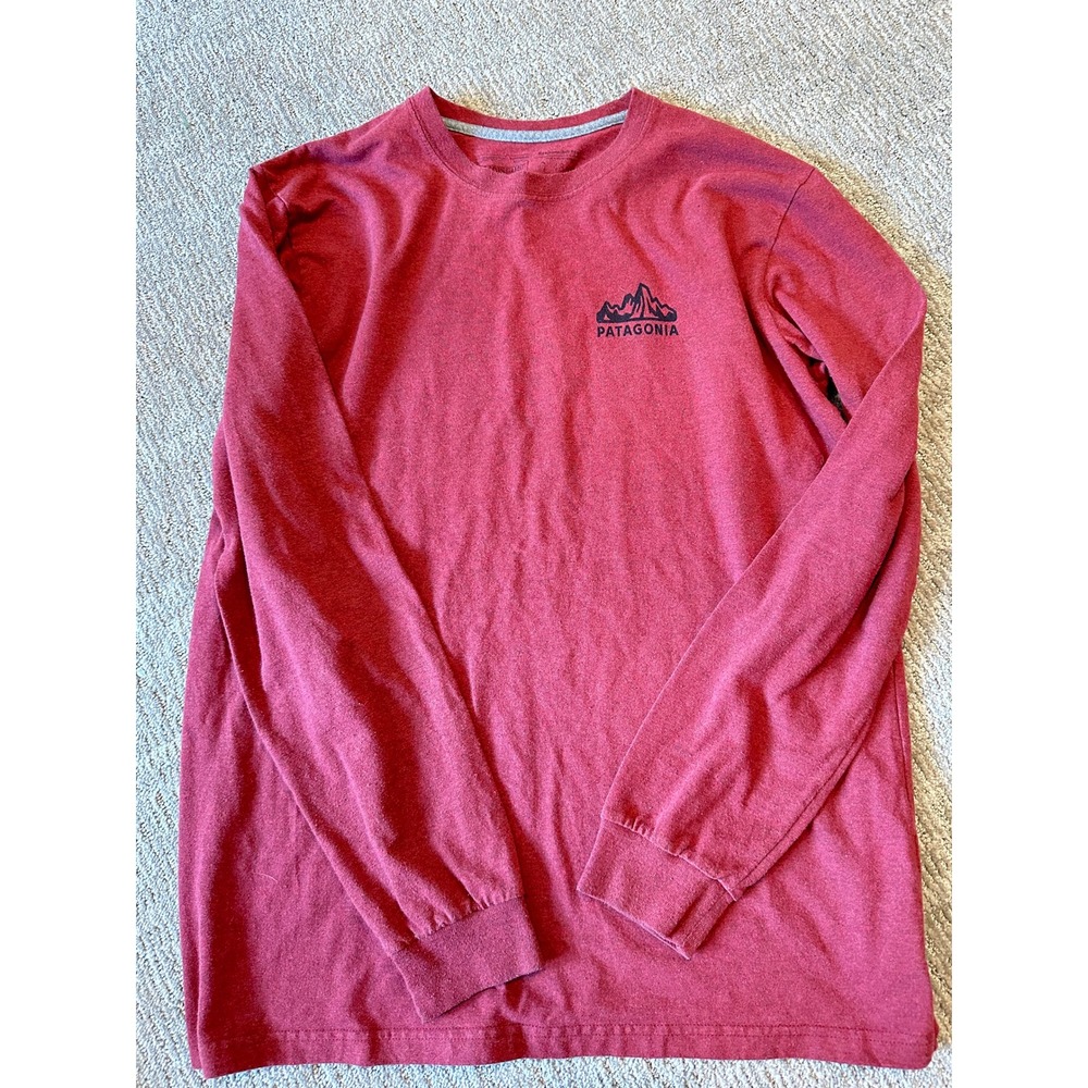 Patagonia Mens Responsibili-Tee Long Sleeve Shirt Red Graphic Mountain Logo M